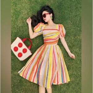 MR. WATER Watercolor Striped Lantern Sleeve Midi Dress Rainbow Sz L {UU25}